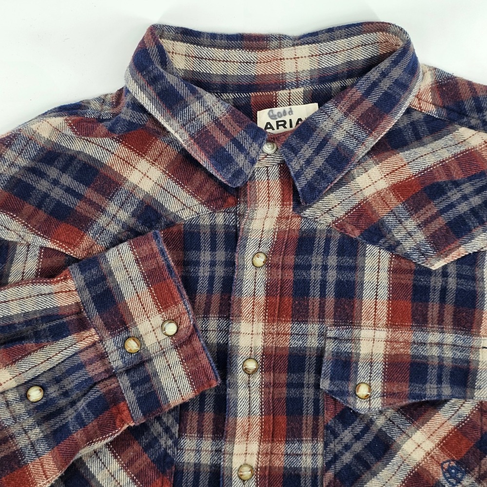 Ariat Western Shirt Mens XXL Blue Red Plaid Retro Fit Pearl Snap Flannel Cotton